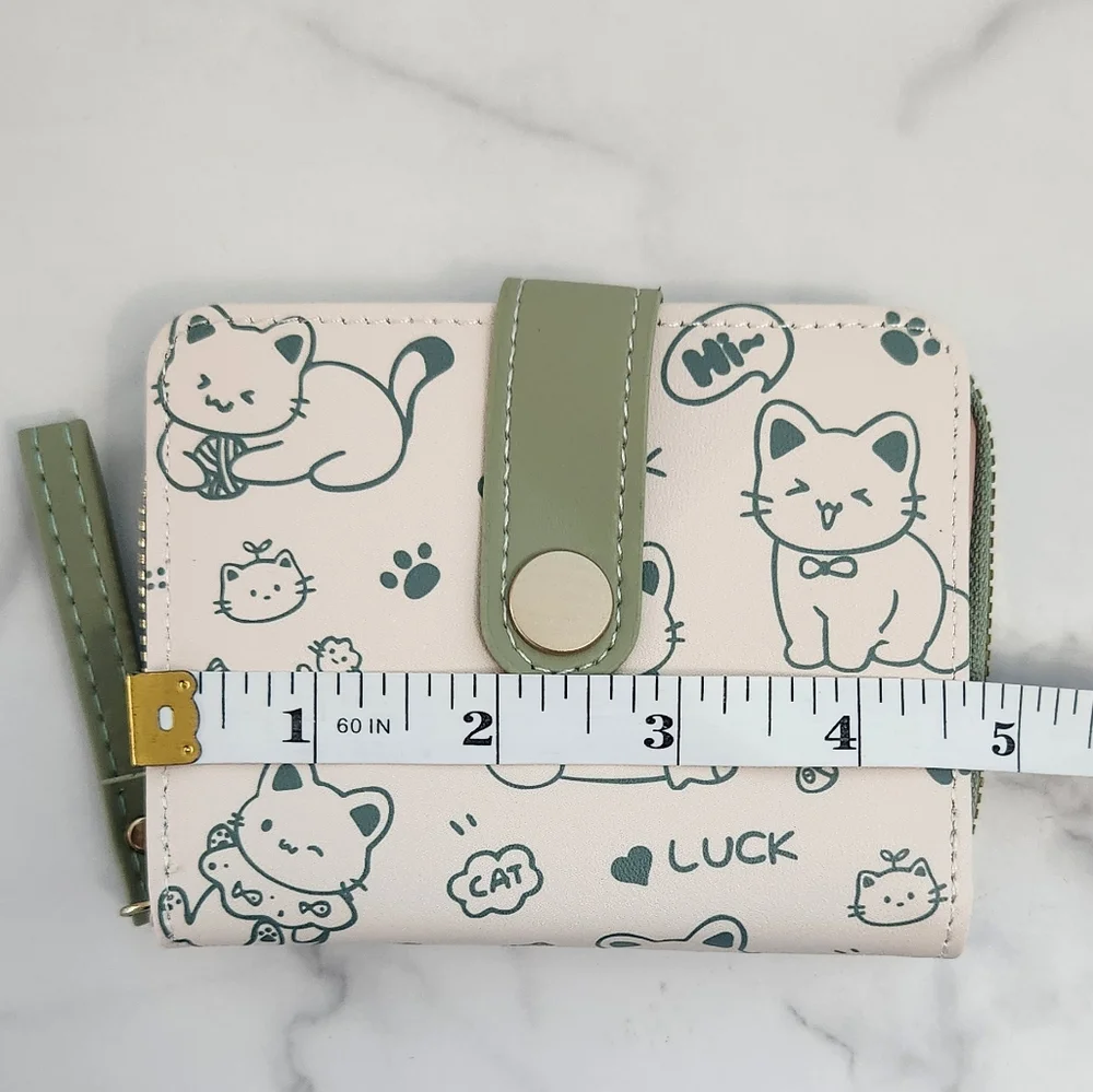 Whimsical Cat Print Mini Wallet Green & White PU Leather • Wristlet Card Hol - Picture 14 of 15